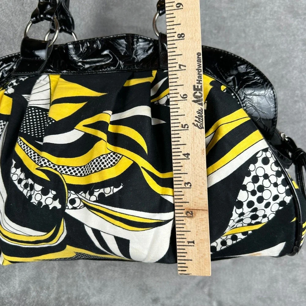 Abstract Print Satchel Handbag Yellow Black White Patent Trim Pleated Bag